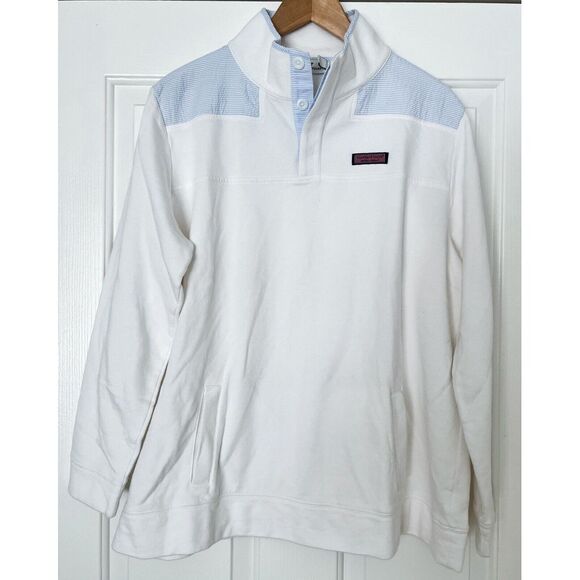 EUC! Womens Vineyard Vines White Blue Seersucker Shep 1/4 Zip Shoulder Large L - Picture 4 of 11